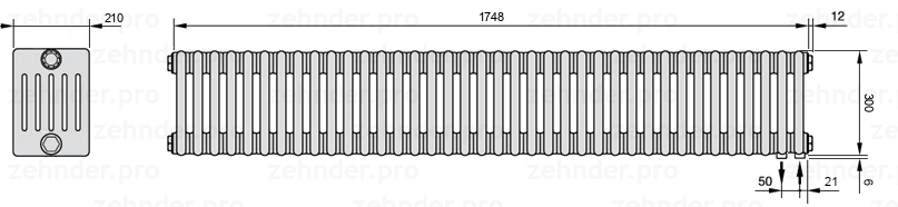 Схема (чертеж) Радиатор Zehnder Charleston 6030/38 №5510 Белый глянцевый RAL 9016